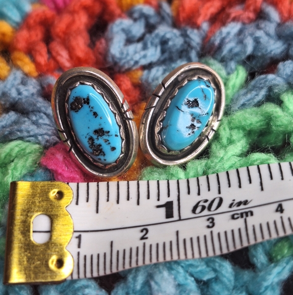 Native American Sterling 925 Silver Signed Earrings Set of 2 Turquoise Stones - Picture 6 of 8